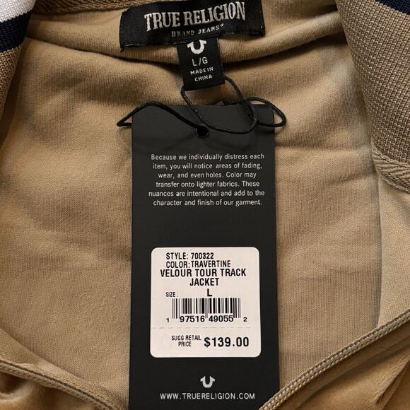 True Religion VELOUR TOUR TRACK JACKET Full Zip Men’s Large Travertine Tan - Picture 6 of 8